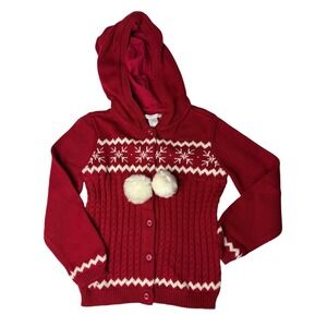 Janie and Jack Girls Red Holiday Snowflake Hooded‎ Pom Pom Cardigan Sweater 5T